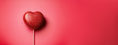 Lollipop in heart shape, dessert with glitter. Valentine's Day, love. Banners with copy space. Postcard, greeting card design. Pink and red colors. Generative AIの素材
