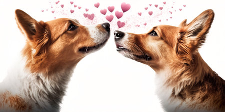 Two dogs and flying hearts. Valentine's Day, love. Couple, relationship. Postcard, greeting card design. Generative AIの素材