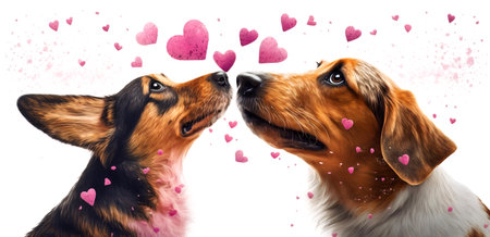 Two dogs and flying hearts. Valentine's Day, love. Couple, relationship. Postcard, greeting card design. Generative AIの素材