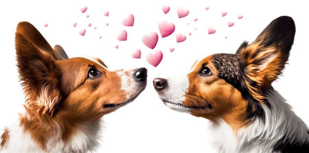 Two dogs and flying hearts. Valentine's Day, love. Couple, relationship. Postcard, greeting card design. Generative AIの素材