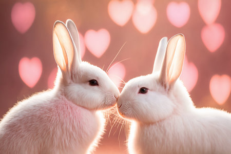 Two bunnies are kissing. Beautiful light, bokeh effect. Valentine's Day, love. Couple, relationship. Postcard, greeting card design. Generative AIの素材