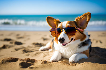 Dog with sunglasses chilling on the beach. Vacation, holiday mood, relax. Sand and sea, blue sky. Travel. Generative AIの素材