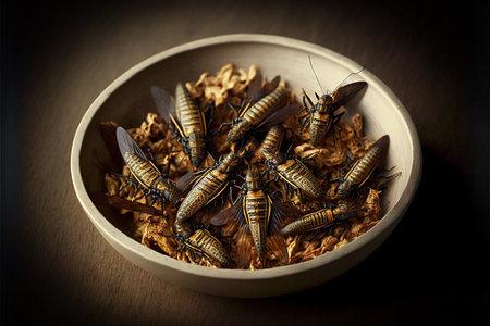 Fried edible insects on a plate. Crickets as a snack, good source of protein. Entomophagy, insectivory concept. Generative AIの素材