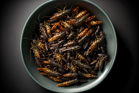 Fried edible insects on a plate. Crickets as a snack, good source of protein. Entomophagy, insectivory concept. Generative AIの素材