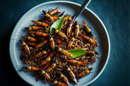 Fried edible insects on a plate. Crickets as a snack, good source of protein. Entomophagy, insectivory concept. Generative AIの素材