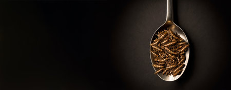 Fried edible insects in spoon. Crickets as a snack, good source of protein. Banner with copy space for text. Entomophagy, insectivory concept. Close up view. Generative AIの素材