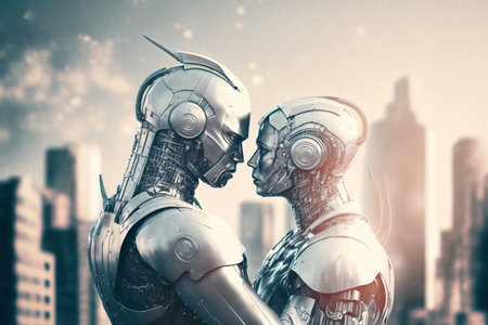 Two robots in love, a couple. Artificial intelligence, digital technology. Digital smart world metaverse. Valentine's Day. Futuristic lovers. Humanoid, cyborg. Generative AIの素材
