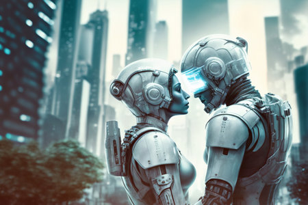 Two robots in love, a couple. Artificial intelligence, digital technology. Digital smart world metaverse. Valentine's Day. Futuristic lovers. Humanoid, cyborg. Generative AIの素材
