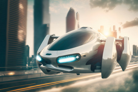 flying car Fantasy city of the future. Futuristic world. Generative AIの素材