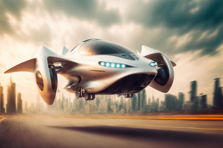 flying car Fantasy city of the future. Futuristic world. Generative AIの素材