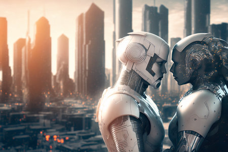 Two robots in love, a couple. Artificial intelligence, digital technology. Digital smart world metaverse. Valentine's Day. Futuristic lovers. Humanoid, cyborg. Generative AIの素材