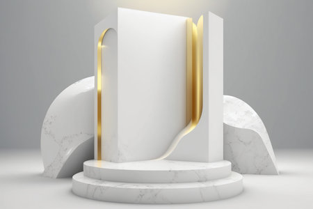 White and gold product presentation mockup. Marble podium with copy space. Stage, display, showroom. Empty scene. Generative AIの素材