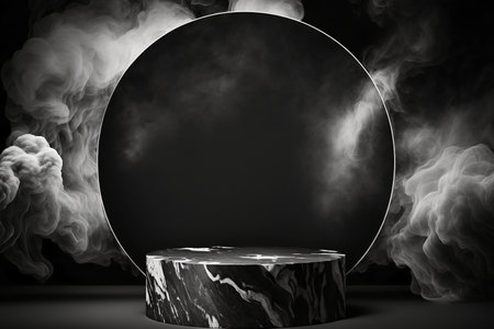 Black product presentation mockup with smoke. Podium with copy space. Stage, display, showroom. Empty scene. Generative AIの素材