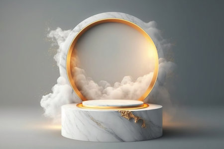 White and golden product presentation mockup with smoke. Marble podium with copy space. Stage, display, showroom. Empty scene. Generative AIの素材