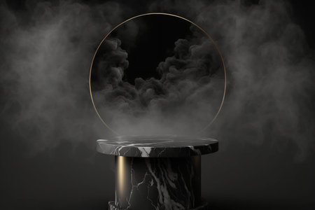 Black product presentation mockup with smoke. Podium with copy space. Stage, display, showroom. Empty scene. Generative AIの素材