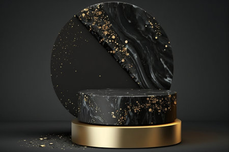 Black and gold product presentation mockup. Podium with copy space. Stage, display, showroom. Empty scene. Generative AIの素材