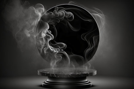 Black product presentation mockup with smoke. Podium with copy space. Stage, display, showroom. Empty scene. Generative AIの素材