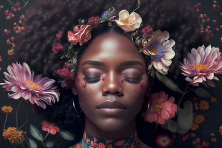 Beautiful woman with flowers. Portrait, close up view. Woman's Day concept. Blossom, power of women. Generative AIの素材