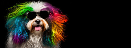 Cool and colorful dog on black background with copy spce. Rainbow colors. Diversity, tolerance, inclusion concept. Different and unique to be. Fashionable doggy. Banner with empty space. Generative AIの素材