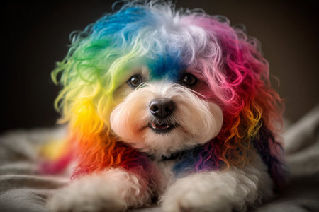 Cool and colorful dog. Rainbow colors. Diversity, tolerance, inclusion concept. Different and unique to be. Fashionable doggy. Generative AIの素材