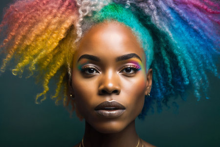 Beautiful woman with rainbow hair. Diversity, tolerance, inclusion concept. Different and unique to be. Fashionable person, colorful close-up portrait. Generative AIの素材