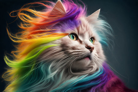 Cool and colorful cat. Rainbow colors. Diversity, tolerance, inclusion concept. Different and unique to be. Fashionable kitty. Generative AIの素材