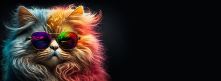 Cool and colorful cat on black background with copy spce. Rainbow colors. Diversity, tolerance, inclusion concept. Different and unique to be. Fashionable kitty. Banner with empty space. Generative AIの素材