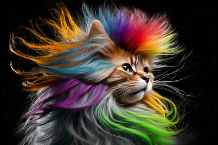 Cool and colorful cat. Rainbow colors. Diversity, tolerance, inclusion concept. Different and unique to be. Fashionable kitty. Generative AIの素材
