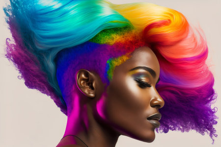 Beautiful woman with rainbow hair. Diversity, tolerance, inclusion concept. Different and unique to be. Fashionable person, colorful close-up portrait. Generative AIの素材