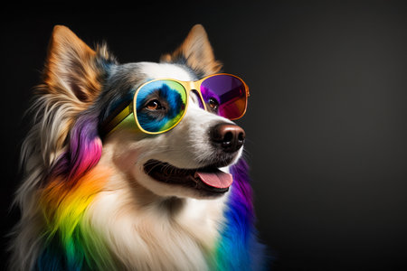 Cool and colorful dog with sunglasses. Rainbow colors. Diversity, tolerance, inclusion concept. Different and unique to be. Fashionable doggy. Generative AIの素材