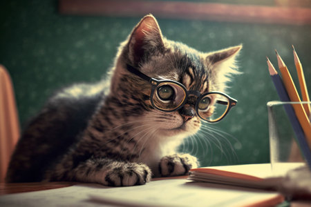 Cat with glasses sitting on school desk and learning. Education, students. Day at school. Generative AIの素材