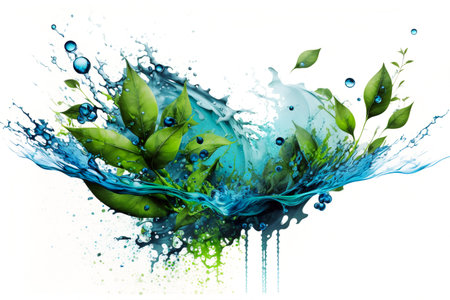 Splashing water and green leaves on white background. Watercolor effect. Nature, freshness. Generative AIの素材