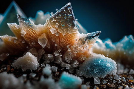 Beautiful abstract background with colorful crystals. Mysterious gemstones, minerals. Magic crystal cluster. Close up view. Generative AIの素材