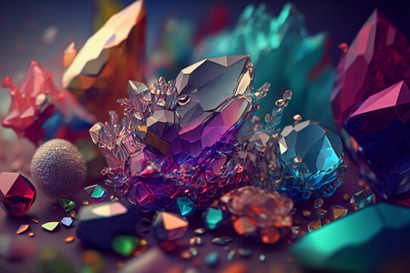 Beautiful abstract background with colorful crystals. Mysterious gemstones, minerals. Magic crystal cluster. Close up view. Generative AIの素材