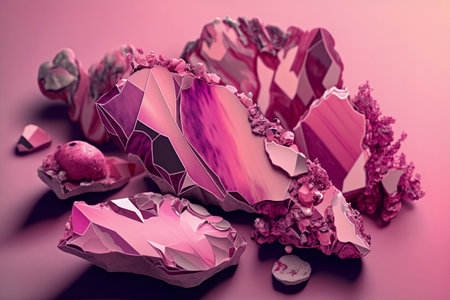 Beautiful abstract background with pink, magenta crystals. Mysterious gemstones, minerals. Magic crystal cluster. Close up view. Generative AIの素材
