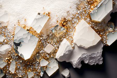 Beautiful abstract background with white crystals and golden particles. Mysterious gemstones, minerals. Magic crystal cluster. Close up view. Generative AIの素材