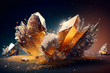 Beautiful abstract background with crystals. Mysterious gemstones, minerals. Magic crystal cluster. Close up view. Generative AIの素材
