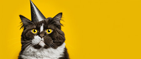 Cat having birthday. Cute pet celebrating b-day. Yellow banner with copy space for text. Celebration, party concept. Generative AIの素材