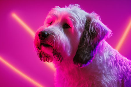 Dog portrait with neon lights. Cute pet on the party. Generative AIの素材