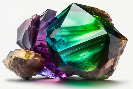 Beautiful, colorful crystals isolated on white background. Mysterious gemstones, minerals. Magic crystal cluster. Close up view. Generative AIの素材