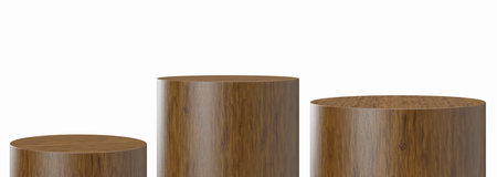 Three wooden round podiums isolated on white background. Natural stage for product, cosmetic presentation. Mock up. Pedestal or platform for beauty products. Empty scene. Display, showcase. 3D render.の写真素材