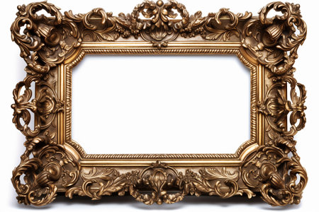 Golden, empty, horizontal picture frame on white background. Baroque style, vintage, antique. With beautiful ornaments. Frame with copy space for artwork, picture. Generative AI.の素材