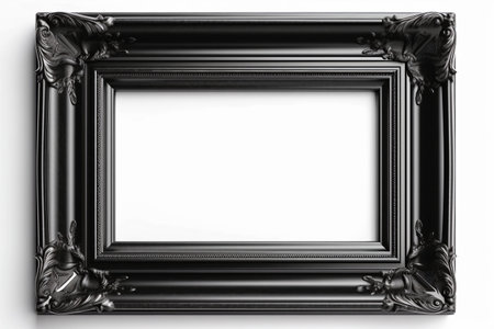 Black, empty, horizontal picture frame on white background. Frame with copy space for artwork, picture. Generative AI.の素材