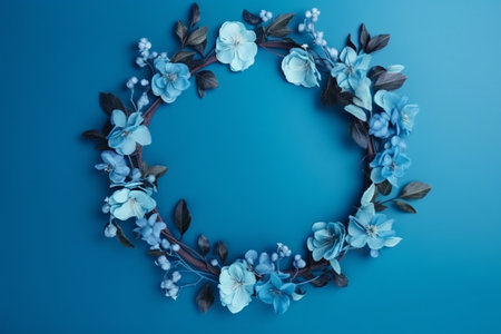 Beautiful blue background with flowers and copy space. Empty space for text. Frame, backdrop. Summer, spring, blossom. Womans or Mothers Day, Birthday. Generative AI.の素材