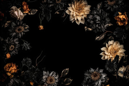 Beautiful black background with flowers and copy space. Empty space for text. Frame, dark backdrop. Generative AI.の素材
