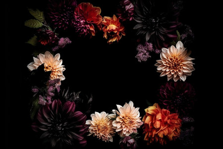 Beautiful black background with flowers and copy space. Empty space for text. Frame, dark backdrop. Generative AI.の素材