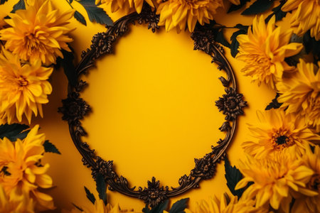 Beautiful yellow background with flowers and copy space. Empty space for text. Frame, backdrop. Summer, spring, blossom. Womans or Mothers Day, Birthday. Generative AI.の素材