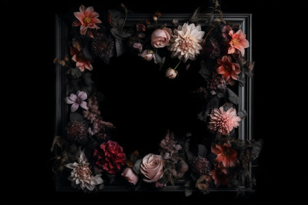 Beautiful black background with flowers and copy space. Empty space for text. Frame, dark backdrop. Generative AI.の素材