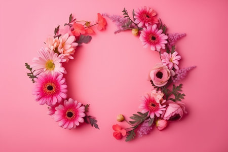 Beautiful pink background with flowers and copy space. Empty space for text. Frame, backdrop. Summer, spring, blossom. Womans or Mothers Day, Birthday. Generative AI.の素材