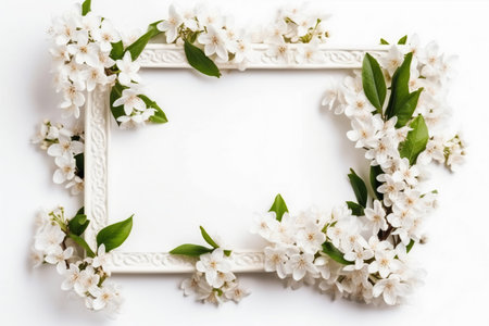 Beautiful white background with flowers and copy space. Empty space for text. Frame, backdrop. Summer, spring, blossom. Womans or Mothers Day, Birthday. Generative AI.の素材